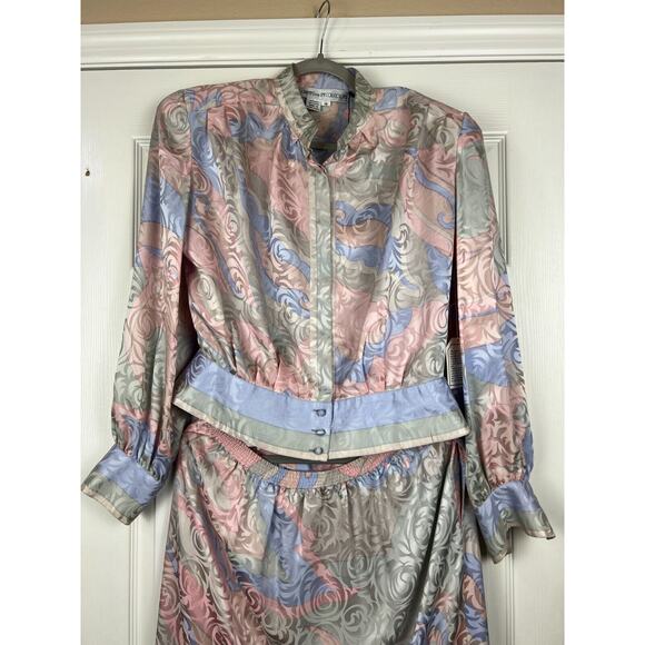 Anne Crimmins for Umi Collections 80s Silk Blouse Skirt Set Pastels Satin Sz 14 - Picture 10 of 12